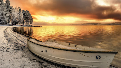 Sunset, Lake, Boat, Clouds, Snow, Landscape
