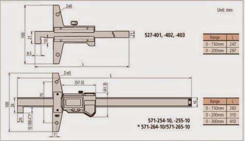 Sơ đồ kích thước của thước đo sâu điện tử đầu móc Mitutoyo series 527