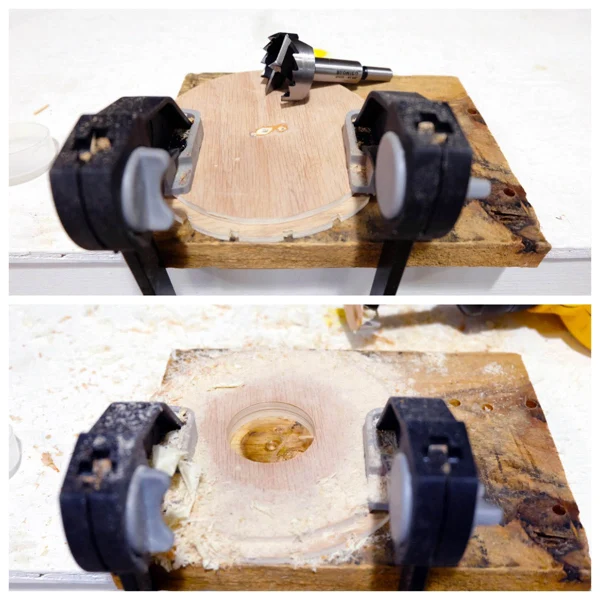 drilling out pendant fixture hole with Forstner bit