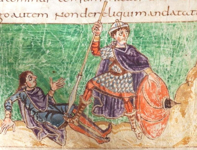 Франкский воин с копьём и щитом. Миниатюра Штутгартской Псалтыри, около 825 года.