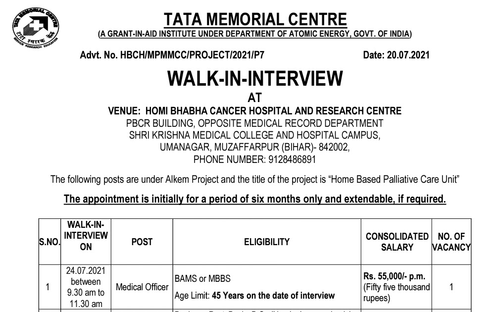 Vacancy for the Post of Medical Officer, Tata Memorial Hospital