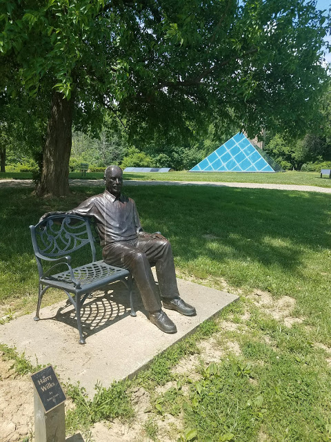 Pyramid Hill Sculpture Park and Museum, miniature Louvre, man on bench statue