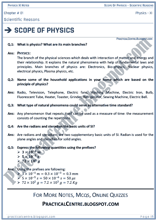 Practical Centre The Scope Of Physics Scientific Reasons Physics XI