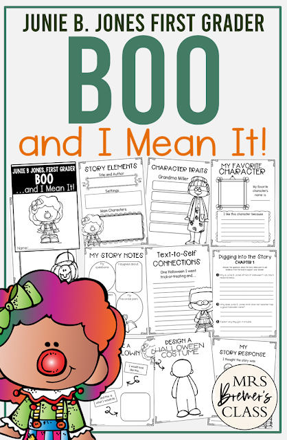 Junie B Jones Boo and I Mean It book study activities Halloween unit with Common Core aligned literacy companion activities for First Grade and Second Grade