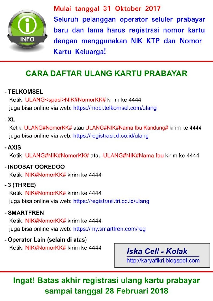 Cara daftar ulang kartu prabayar Indosat, Telkomsel, Three, Axis, XL, Smartfren agar tidak diblokir (mulai 31 Oktober 2017 sampai 28 Februari 2018)