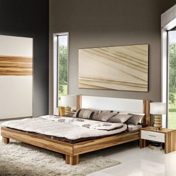 wooden bedroom with contemporary bedside tables, wooden bedside table