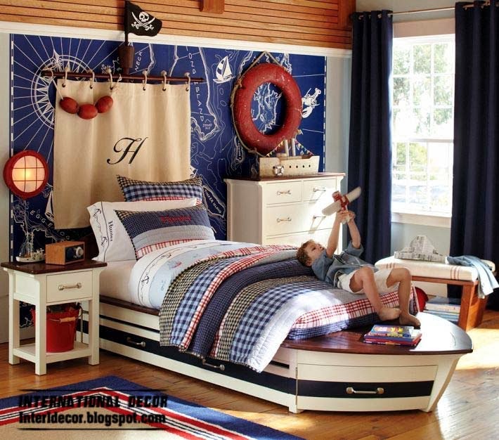 children room decor in marine style and theme, boat bed for kids