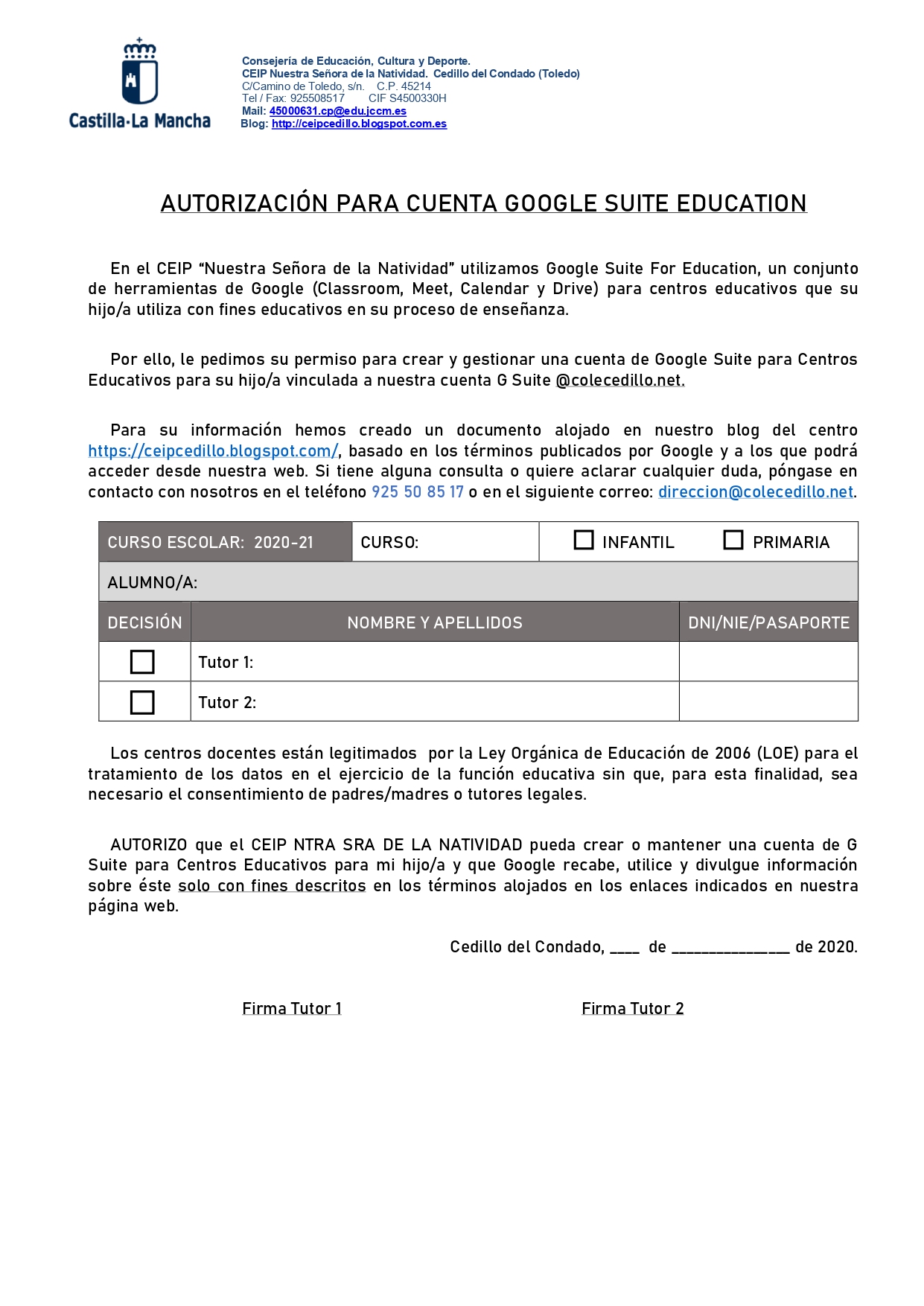 CE.I.P NTRA SRA DE LA NATIVIDAD INFORMACIÓN A LAS FAMILIAS SOBRE EL USO DE GOOGLE SUITE PARA