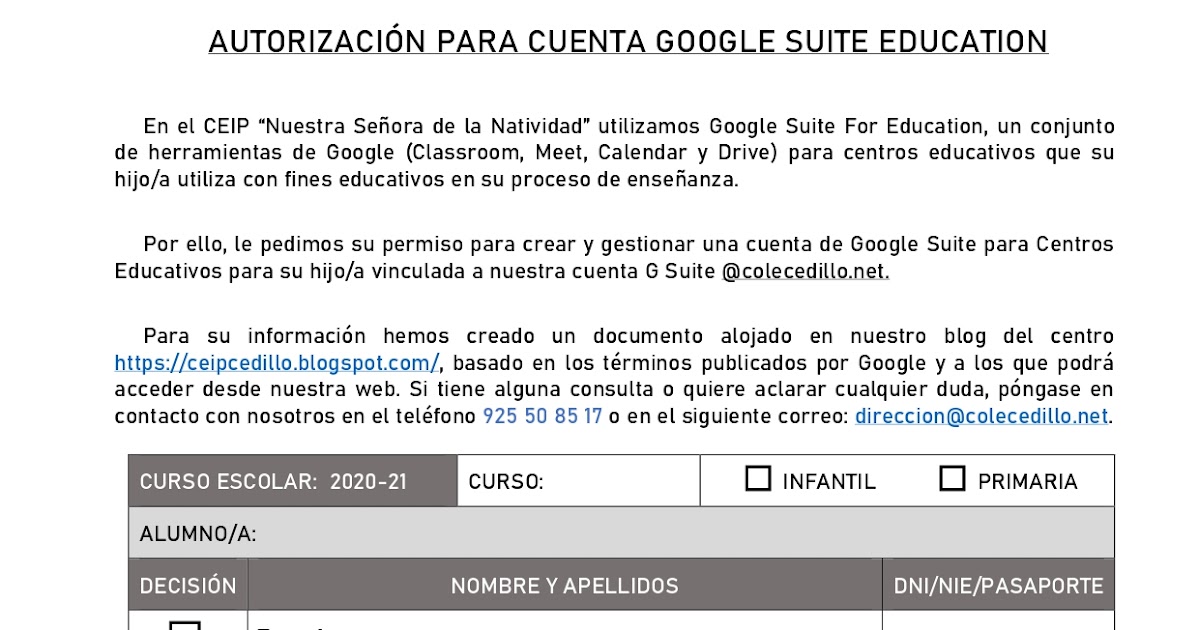 CE.I.P NTRA SRA DE LA NATIVIDAD INFORMACIÓN A LAS FAMILIAS SOBRE EL USO DE GOOGLE SUITE PARA CE.I.P NTRA SRA DE LA NATIVIDAD INFORMACIÓN A LAS FAMILIAS SOBRE EL USO DE GOOGLE SUITE PARA