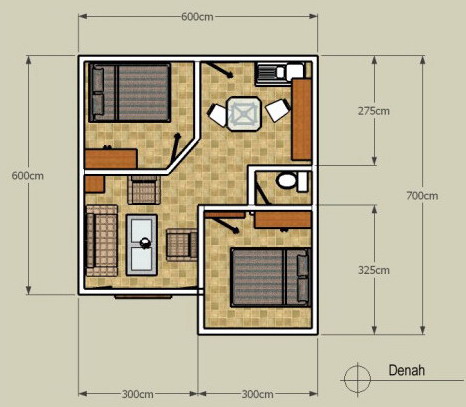 denah rumah minimalis 1 lantai tipe 36 sederhana 2 kamar tidur