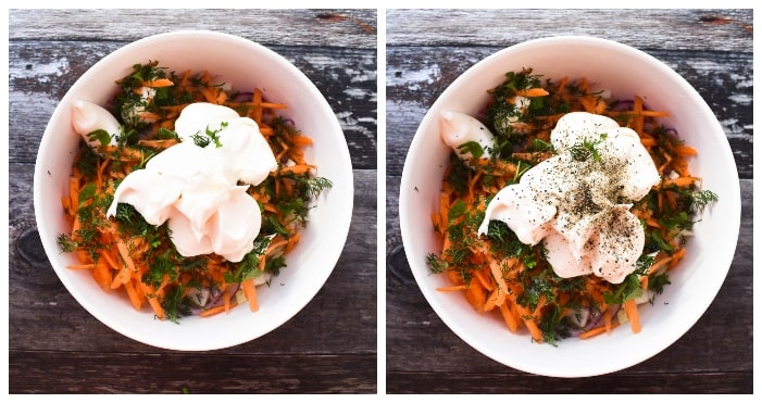 Making carrot & dill coleslaw - step 3 Making carrot & dill coleslaw - step 3 - mayo & seasoning