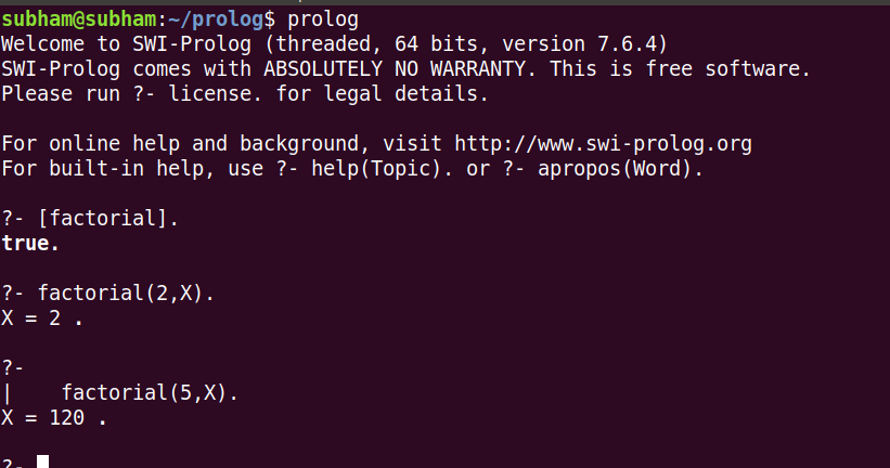 Write a prolog program to factorial of number