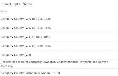 Screen capture from FamilySearch "Land records of Glengarry County, 1798-1957" catalogue listing.