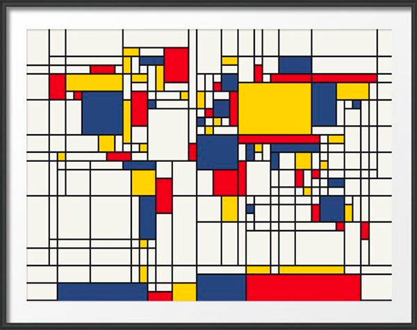 Un mapa abstracto del mundo inspirado en el trabajo del pintor holandés Piet Mondrian, en un estilo que calificó de neoplasticismo. La obra de arte presenta líneas negras con áreas de amarillo, rojo y azul sobre un fondo blanco en el estilo típico de Mondrian. El mundo inspirado en el trabajo del pintor holandés Piet Mondrian