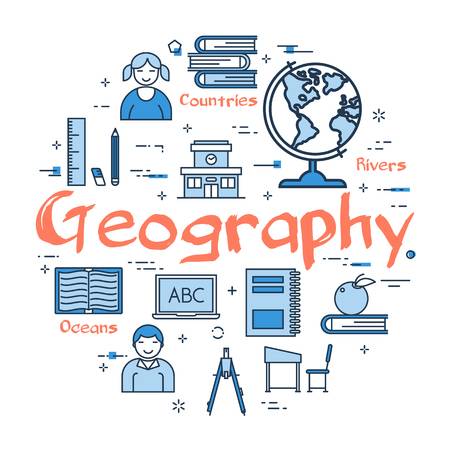 Geography Wordle - 88880068 Vector Linear Blue Round Concept Of Geography Subject School Lesson For Children And Education Line 