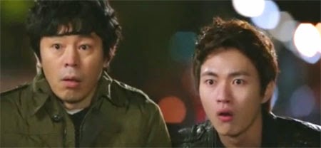 Choi Duk Moon as Go Dal Pyo and Lee Min Ho as Park Hee chul, make comic faces when they see Nam Da Jung with Kwon Yul.