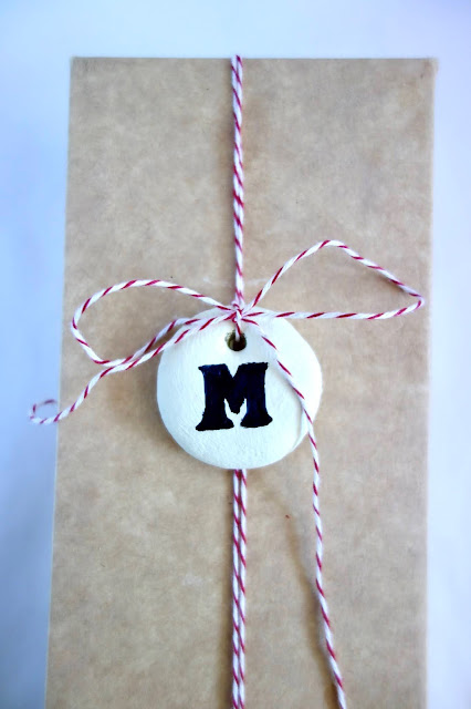 blah to TADA, salt dough ornaments, salt dough crafts, gift wrapping ideas, handmade gift topper, monogram pendants, Sharpie crafts, brush lettering, gift box with bakers twine