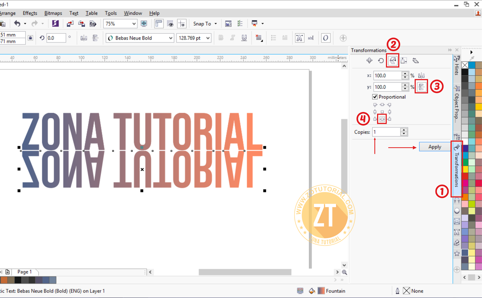 Tutorial Membuat Effek Mirror pada Tulisan dengan CorelDraw X7 zotutorial