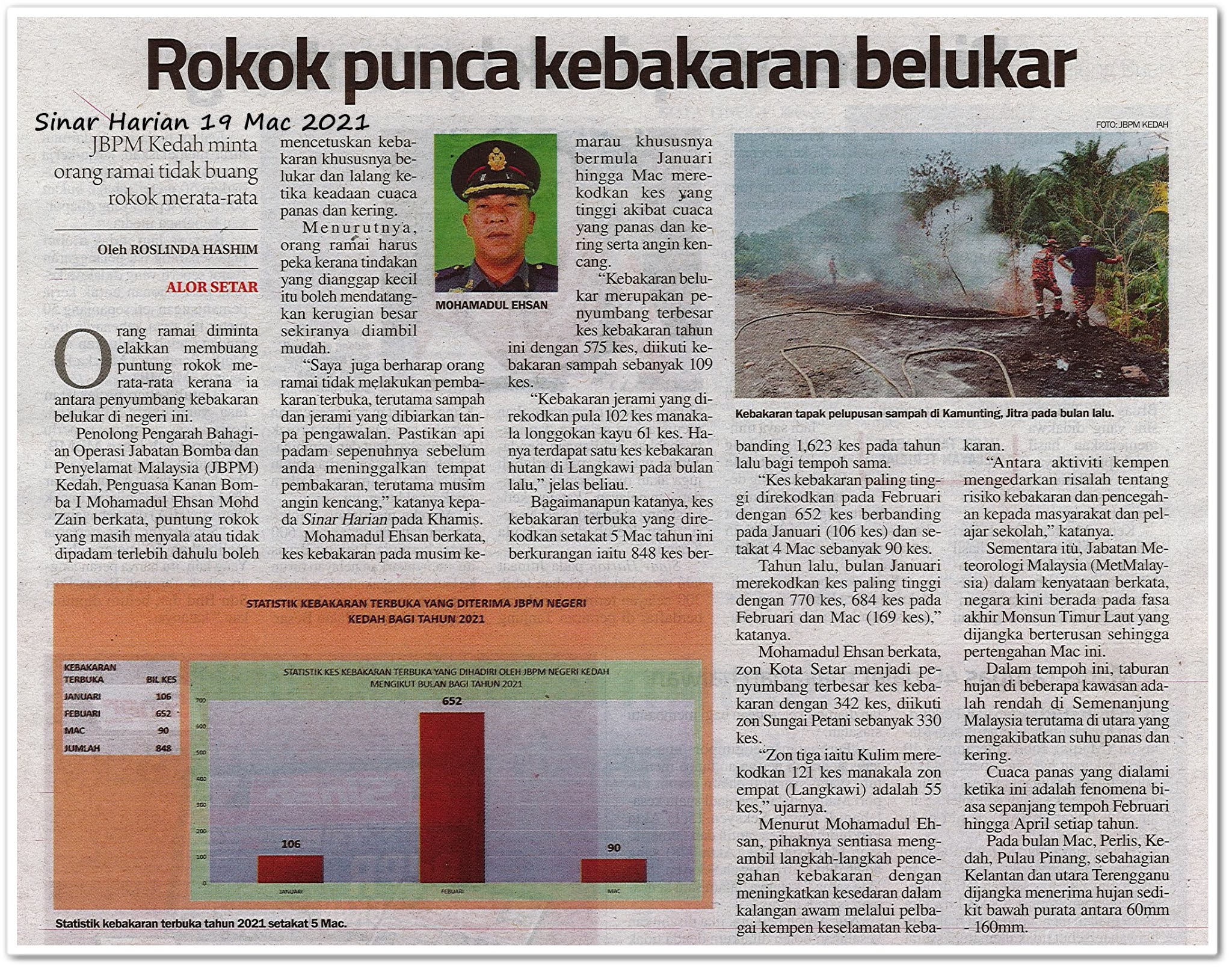 Rokok punca kebakaran belukar - Keratan akhbar Sinar Harian 19 Mac 2021 ...