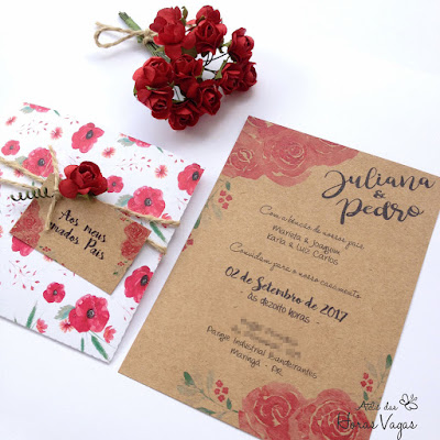 convite artesanal personalizado aniversário infantil 15 anos casamento moderno rústico floral aquarelado vermelho boho chic papel kraft cordão sisal flor de papel festa sofisticada diferente noiva