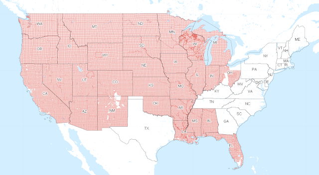 Map of U.S. states that use Township and Range