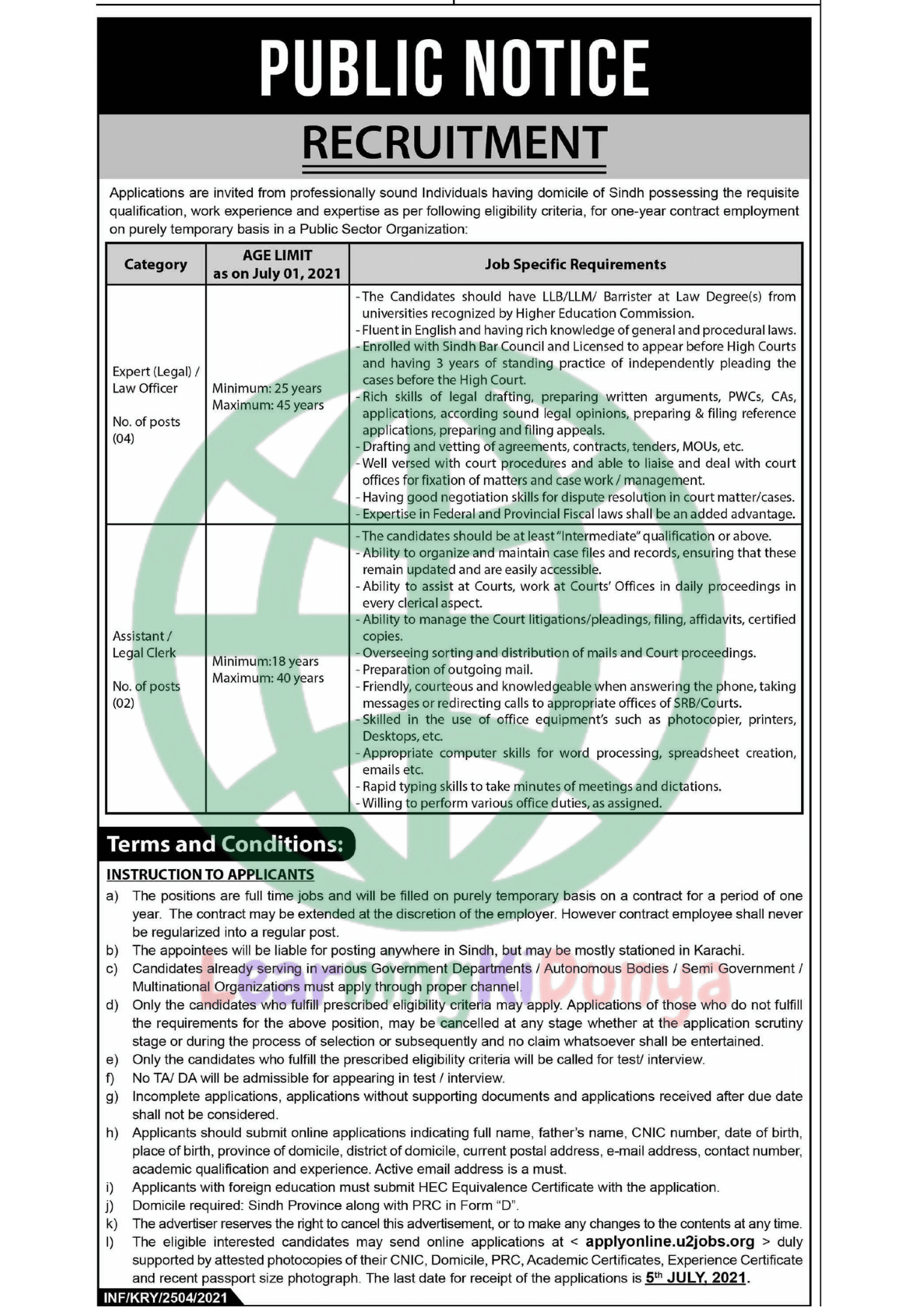 Public Sector Organization Sindh Jobs 2021 for Expert Legal