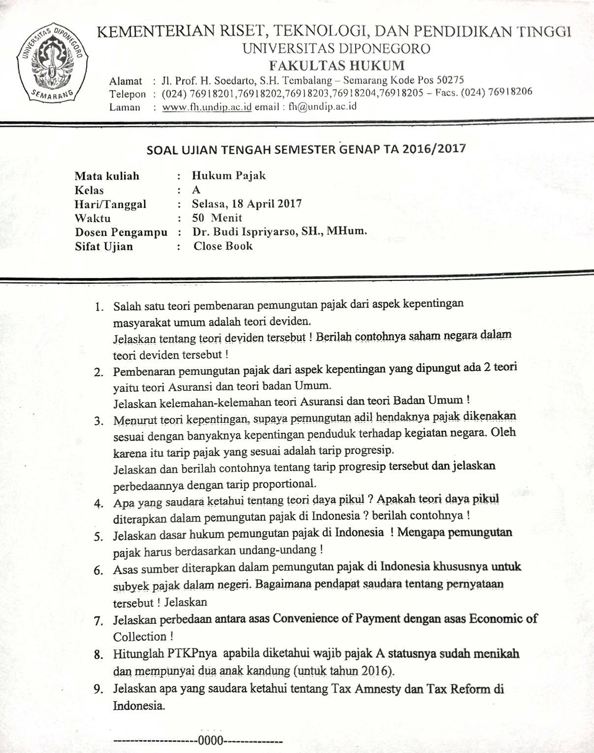 KUMPULAN SOAL UTS &quot;SEMESTER 4&quot; TA 2016/2017 FAKULTAS HUKUM