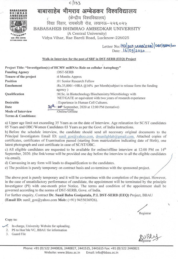 BBAU Lucknow Cell Biology/Molecular Biology JRF Walk IN BBAU Recruits