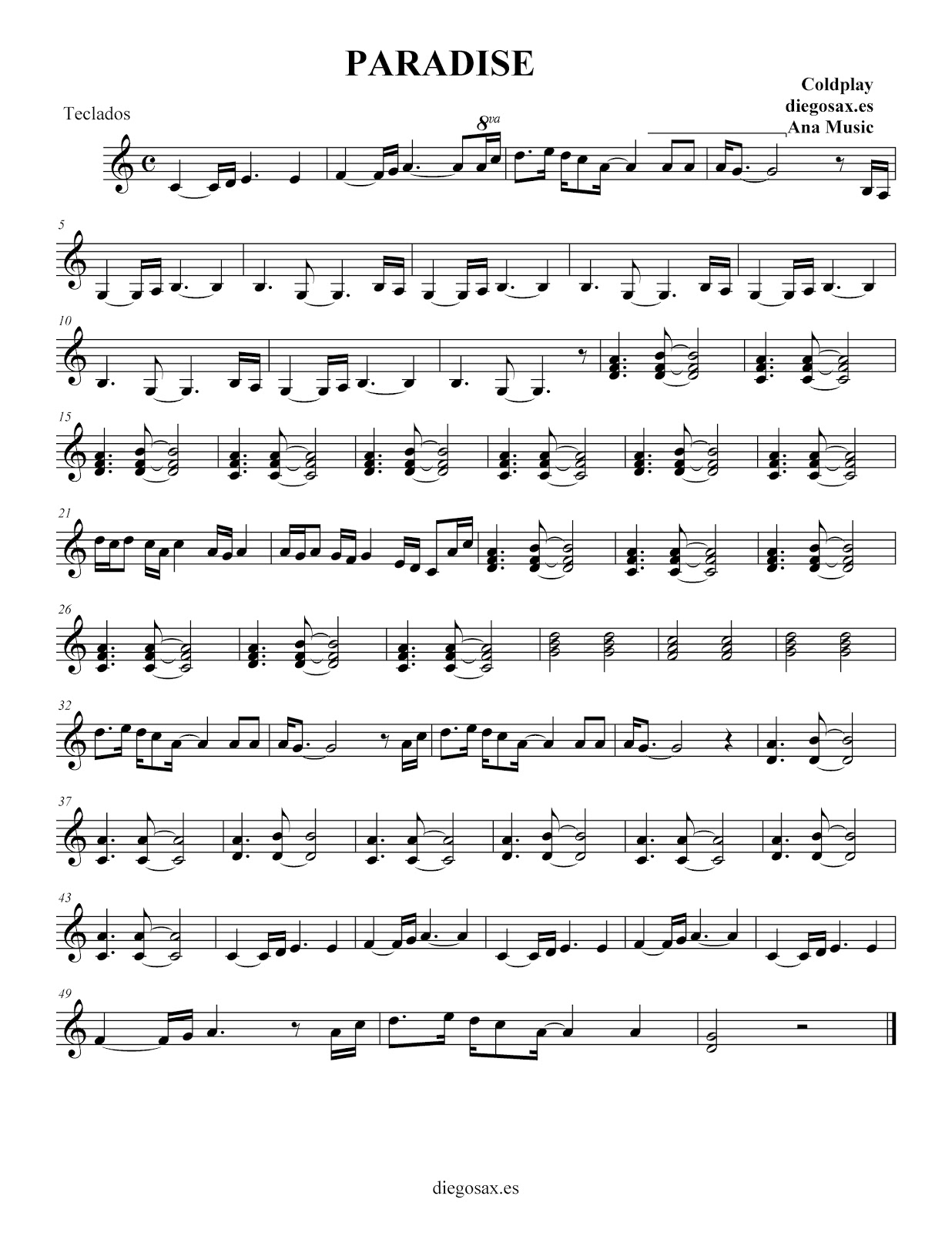 Contaminado Lograr revisión diegosax: Paradise, de Coldplay - Partitura para flauta, clarinete,  saxofón, violín, trompeta, acompañamiento...
