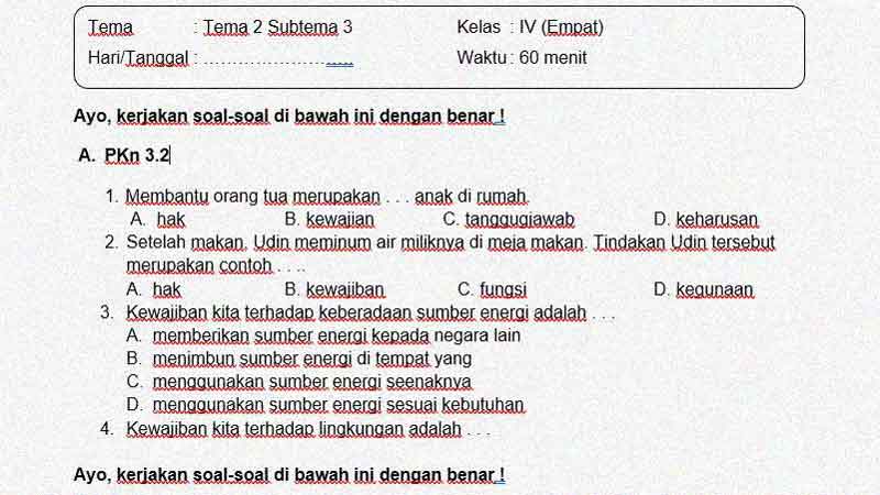 Latihan Soal Ulangan Kelas 4 Tema 2 Subtema 3 + Kunci