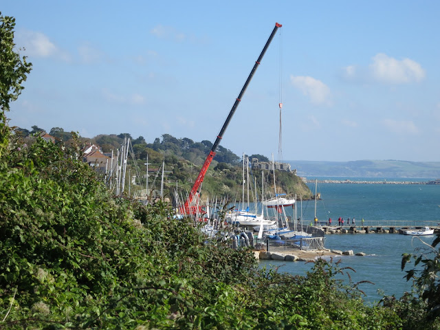 Hefty crane lifting small boats out of water for safe storage on land over winter