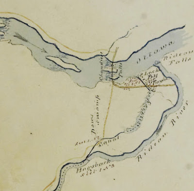 Map (Sketch) of Rideau Canal drawn by Lt Col John By 1828-05-05, cropped to the intersection of Ottawa and Rideau Rivers with the nascent Bytown and initial canal locks. A yellow east-west line along the path of Rideau/Wellington Streets curves at its east end northwards and crossing the Ottawa River at the Chaudière Falls, where it intersects with Wright's Britannia Road (later Aylmer Road). At the curve, a less prominent line extends southward toward Hogsback and continues following the Rideau River. Obtained from http://passageshistoriques-heritagepassages.ca/ang-eng/recherche_et_archives-research_and_archives/militaire-military/carte-map