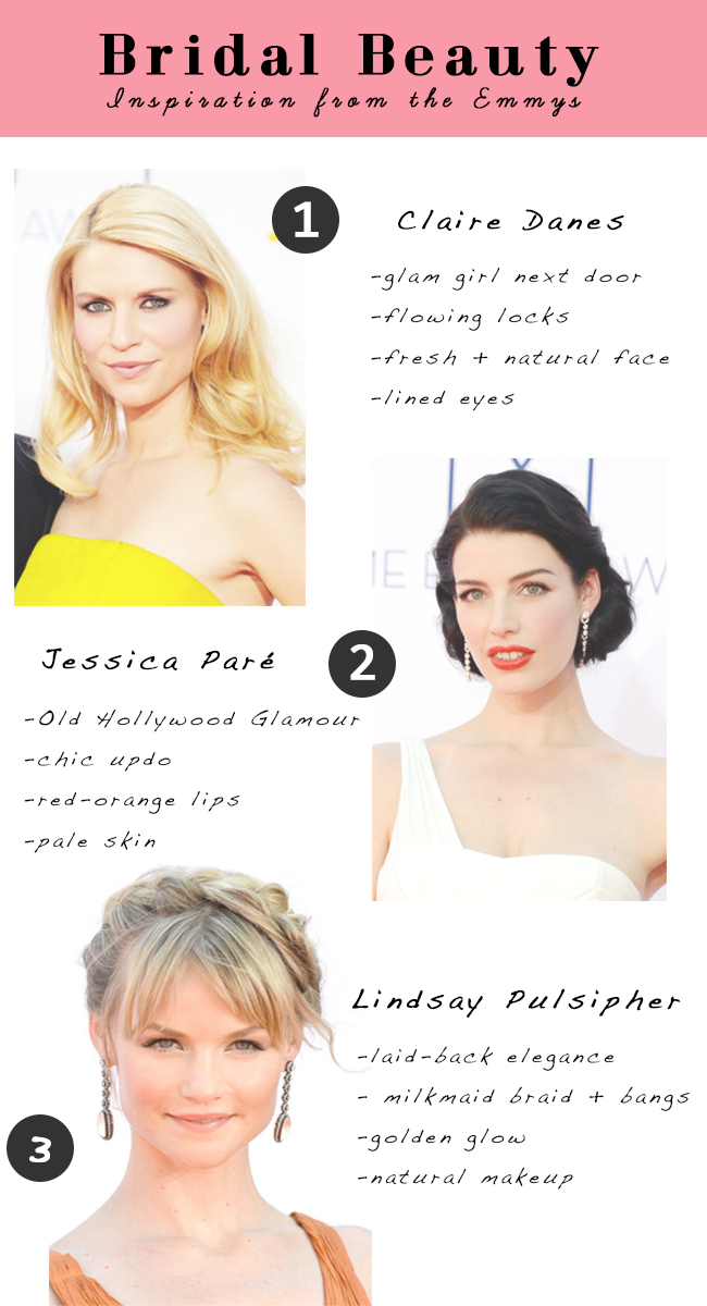 bridal beauty looks inspired by the emmys: claire danes, jessica paré, lindsay pulsipher