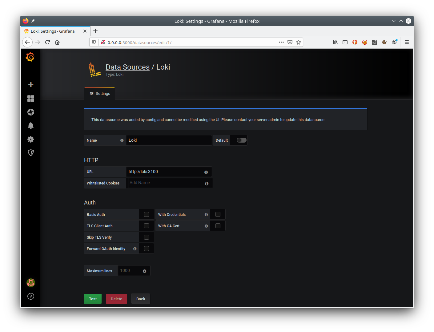 Exemple de définition du datasource vers Loki