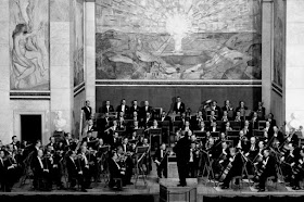 The Oslo Philharmonic Orchestra performing in Oslo University's Aula in the 1950s