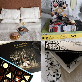 Collage of four photos of a bed with books, boxes of chocolates and (in two cases) glasses of sparking wine.