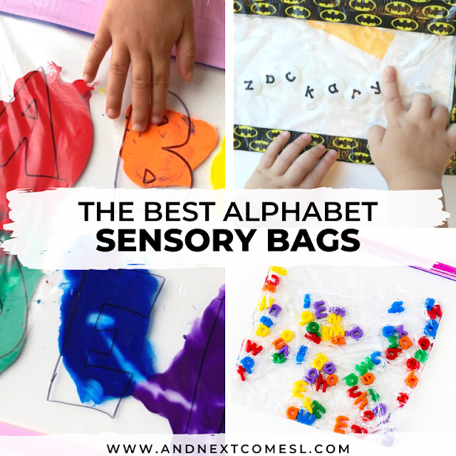 Sensory bag ideas for babies, toddlers, and preschoolers that are ABC/alphabet themed