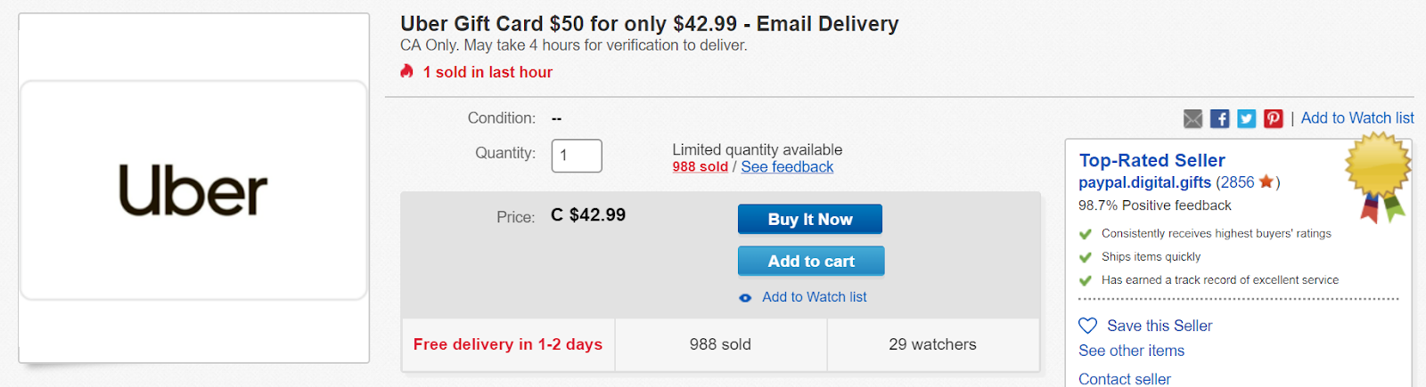 eBay 50 Uber Gift Card for only 42.99