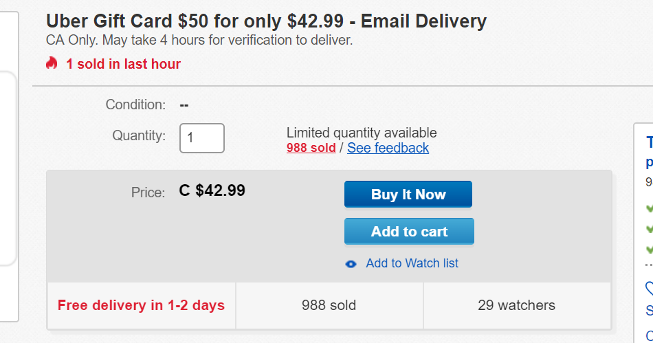 eBay 50 Uber Gift Card for only 42.99