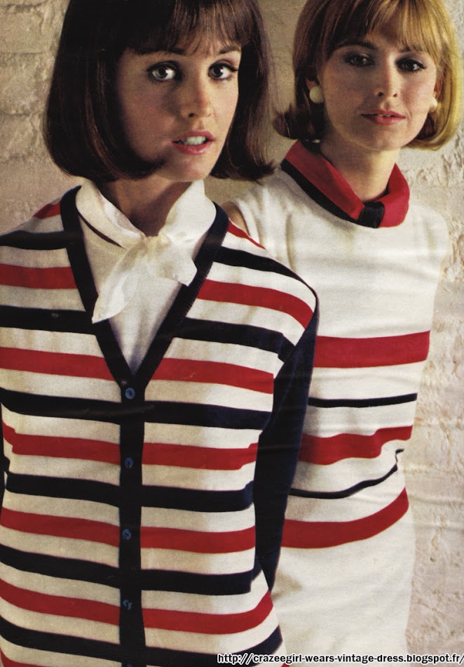 1964 red white blue mod striped cardigan sweater twiggy 60s 1960 masvic bistrot du tricot printemps helanca dropnyl washington tremlett cornuel chez scarlett yoyo dralon scott
