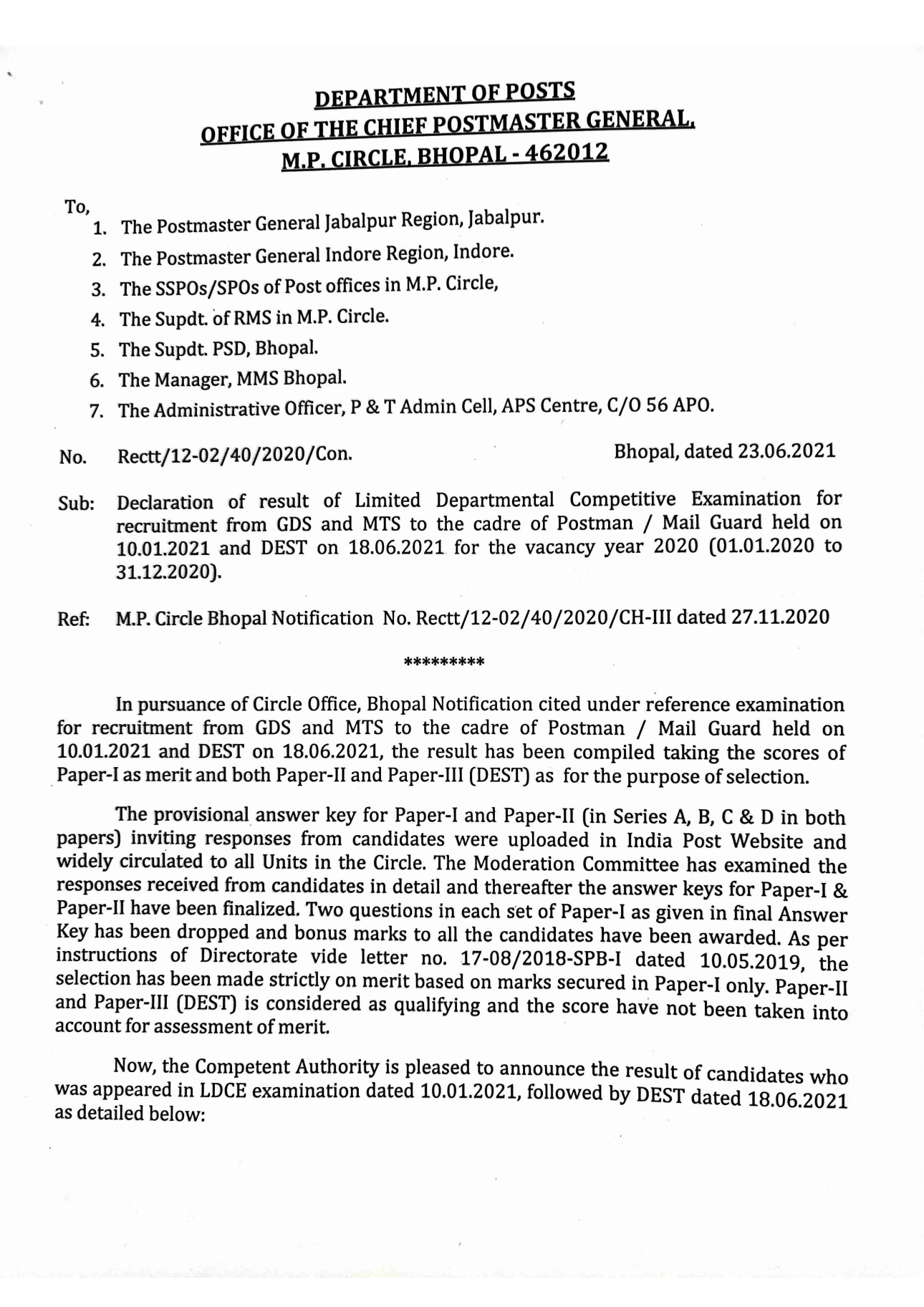 Declaration of results GDS to Postman MP Circle