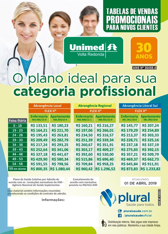 Tabela atualizada do plano de saúde Unimed Volta Redonda Unidade Litoral
