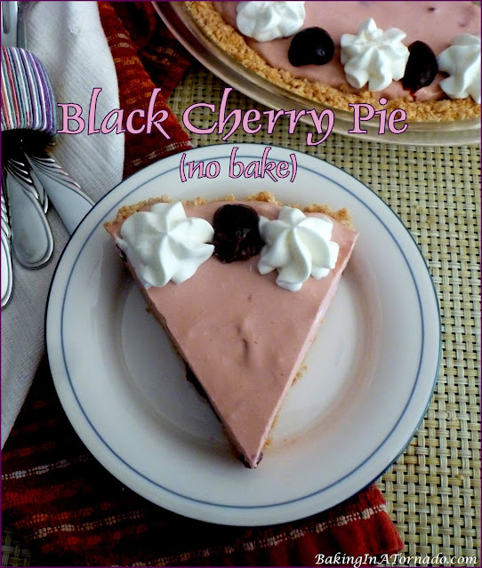 Black Cherry Pie. This no-bake refrigerator pie is studded with sweet dark cherries. Easy to assemble, it’s perfect for any holiday celebration. | recipe developed by www.BakingInATornado.com | #recipe #dessert