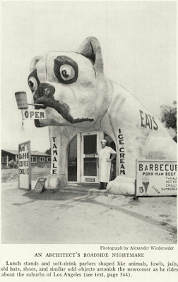 A black-and-white photograph of a restaurant shaped like a bulldog. "TAMALE" is written on the bulldog's left leg. "ICE CREAM" is written on the bulldog's right leg. Under the photograph is the following text: "Alexander Wiederseder. An Architect's Roadside Nightmare. Lunch stands and soft-drink parlors shaped like animals, fowls, jails, old hats, shoes, and similar odd objects astonish the newcomer as he rides about the suburbs of Los Angeles (see text, page 544)."