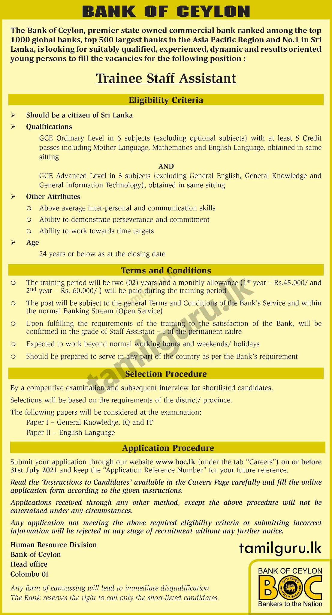 Bank of Ceylon Vacancies 2021 - Trainee Secretarial Assistant Notice in English