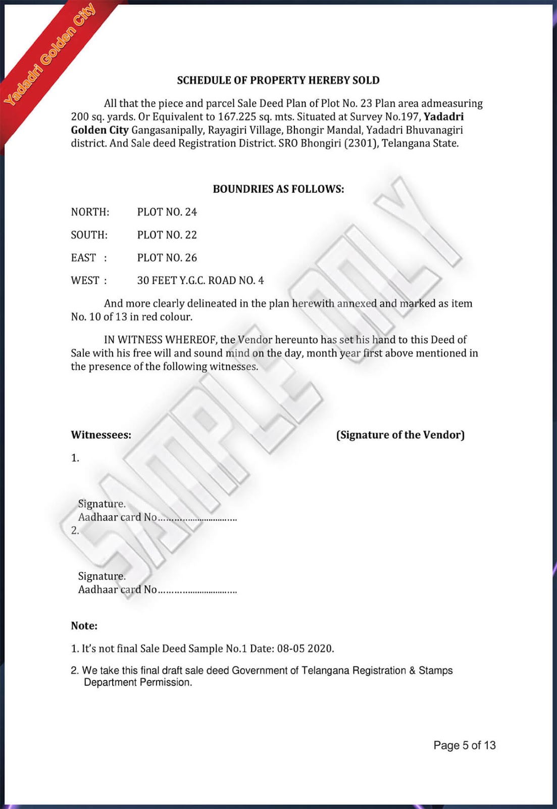 Yadadri Golden City rera layout plots sale deed format