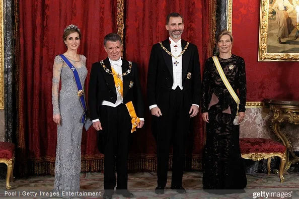King Felipe VI of Spain and Queen Letizia of Spain receive the President of Colombia Juan Manuel Santos and his wife Maria Clemencia Rodriguez de Santos for a Gala dinner at the Royal Palace on March 2, 2015 in Madrid, Spain.