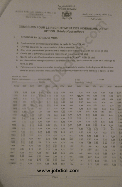 Exemple Concours de Recrutement Ingénieurs d'Etat Génie Hydraulique - Ministère de l'energie des mines de l'eau et de l'environnement