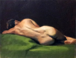 Oil painting of a female nude (with back to the viewer) lying on a green cloth,