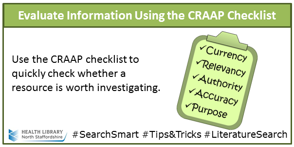 Summary of the CRAAP checklist - currency, relevancy, authority, accuracy and purpose